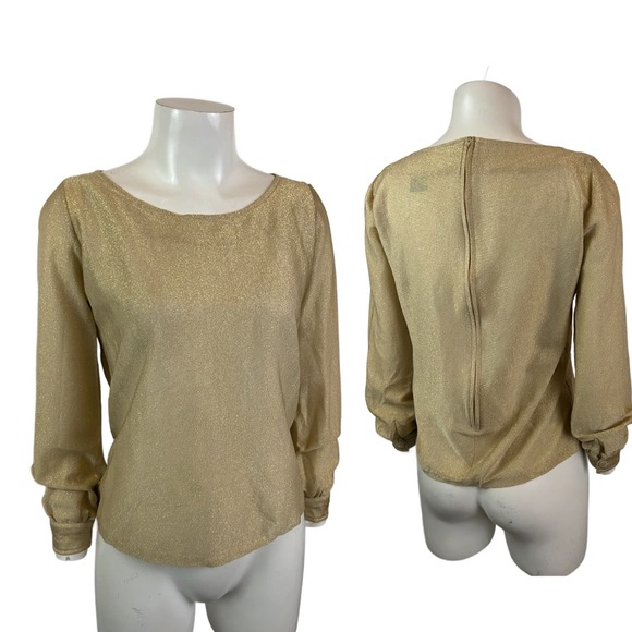 1970s Disco Gold Metallic Lamé Semi Sheer Top Scoop Neck / Women’s Small * - Picture 3 of 4